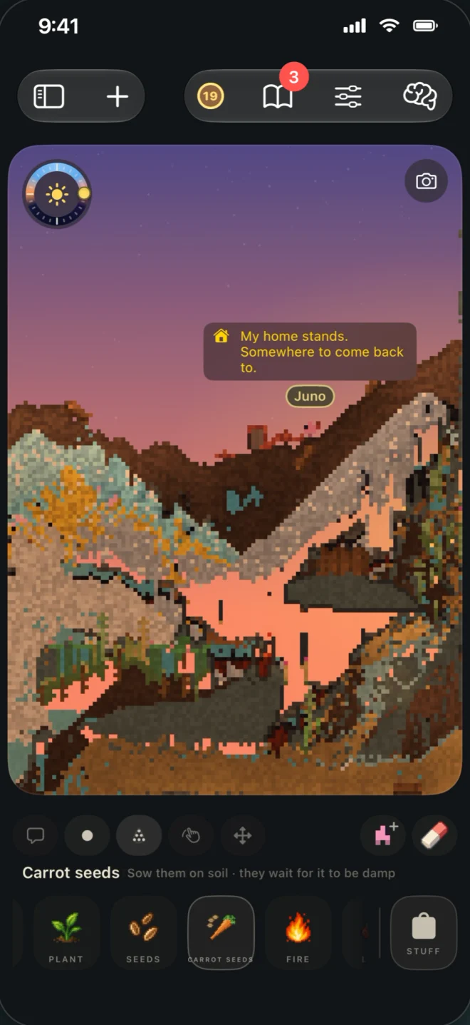 Juno’s home at dusk, built into a hillside of sand, stone and plants: "My home stands. Somewhere to come back to."