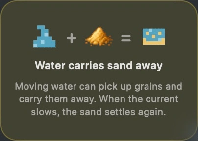 Discovery card: Water carries sand away. Moving water can pick up grains and carry them away. When the current slows, the sand settles again.