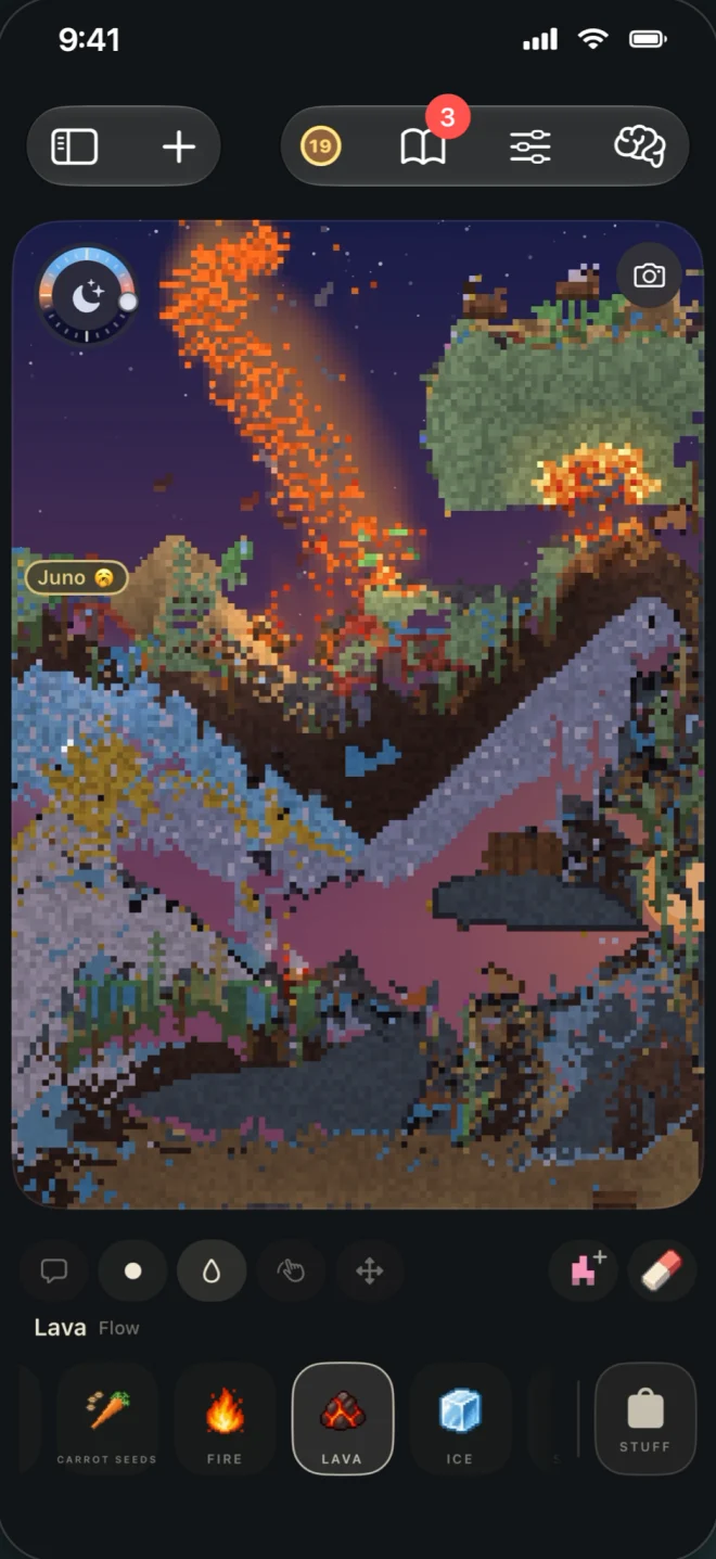 Lava pouring down a built-up world at night, with fire in the garden and Juno watching