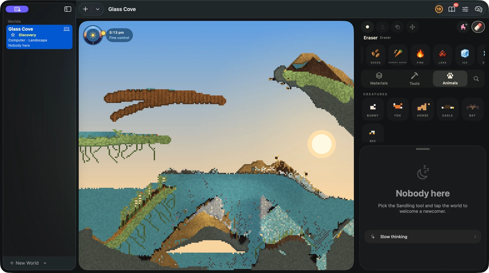 The native Sandlings Mac app, with its world list, landscape and controls in a desktop window